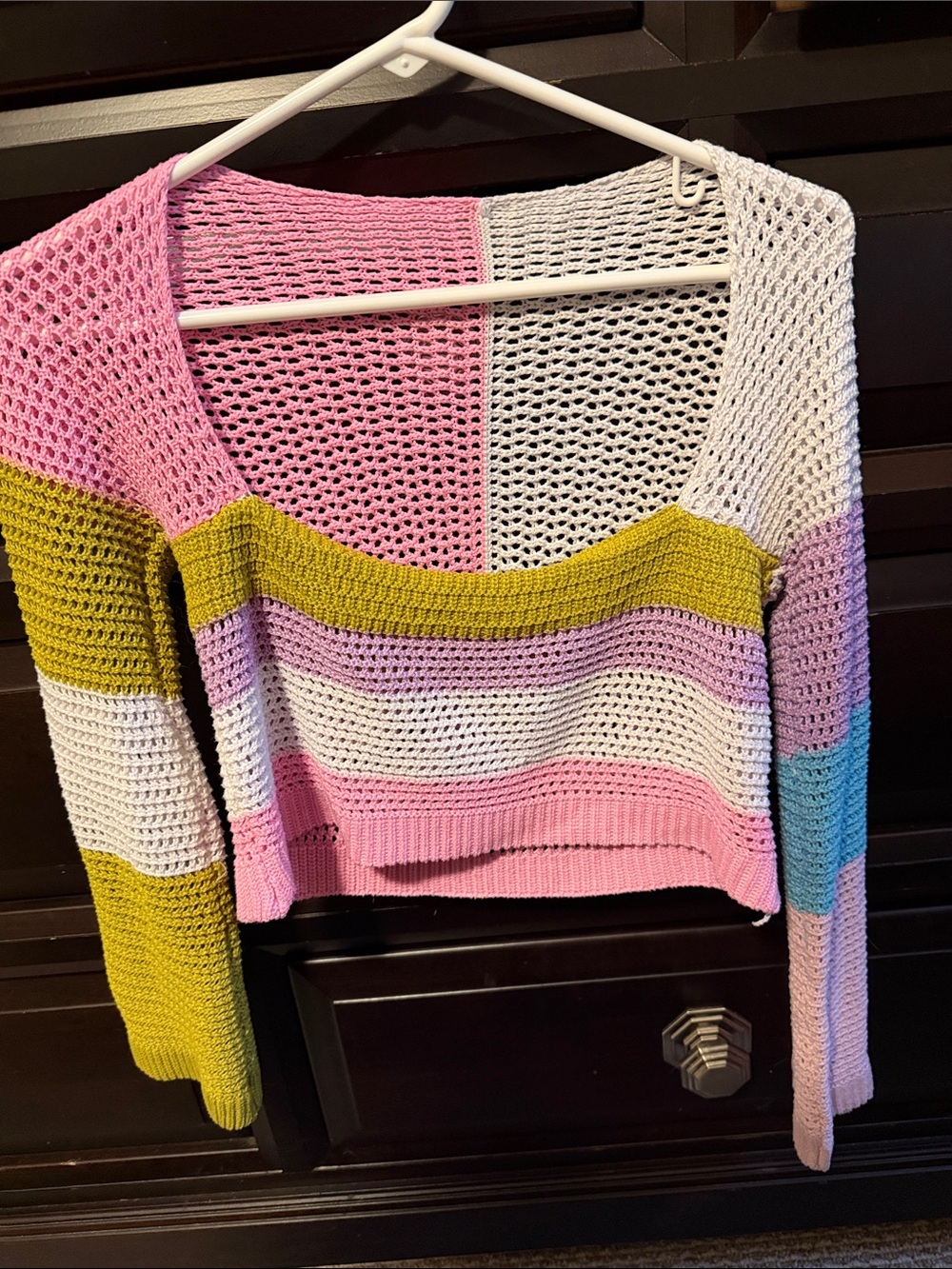 Colorblock Cropped Open-Knit Sweater - Pink/White/Green